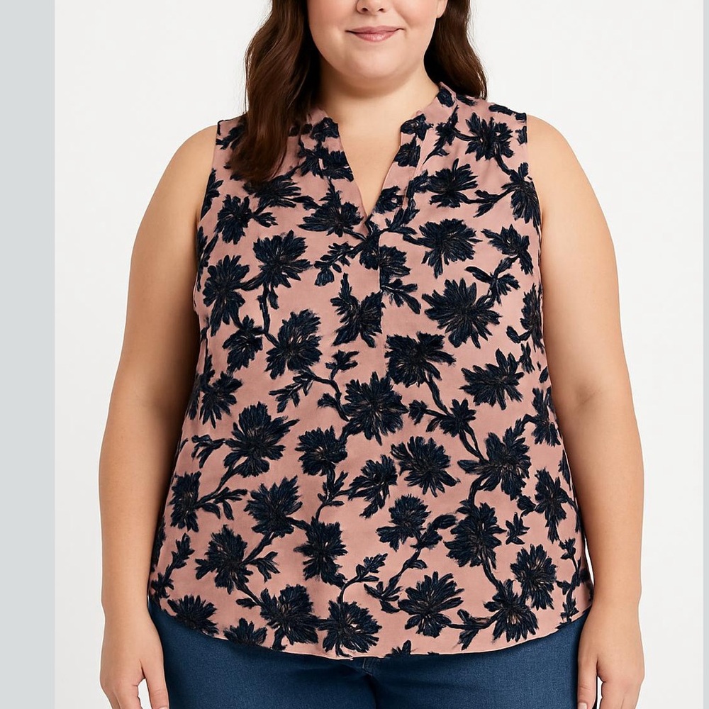3/$10 Halogen Sleeveless Blouse - Pink Dark Blue Floral